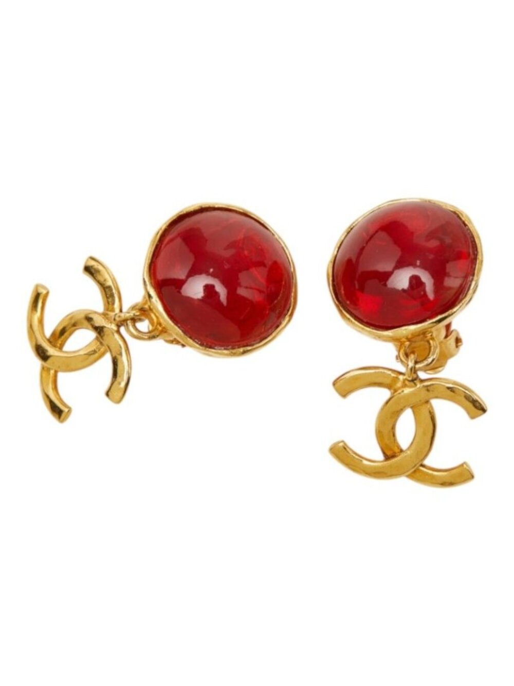 Chanel CC Logo Gripoix Vintage Earrings 95P Gold Red Plated Glass
